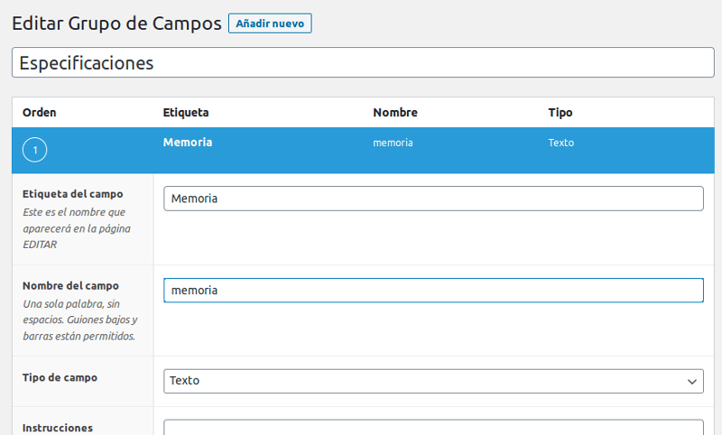 Crear campos personalizados de especificaciones