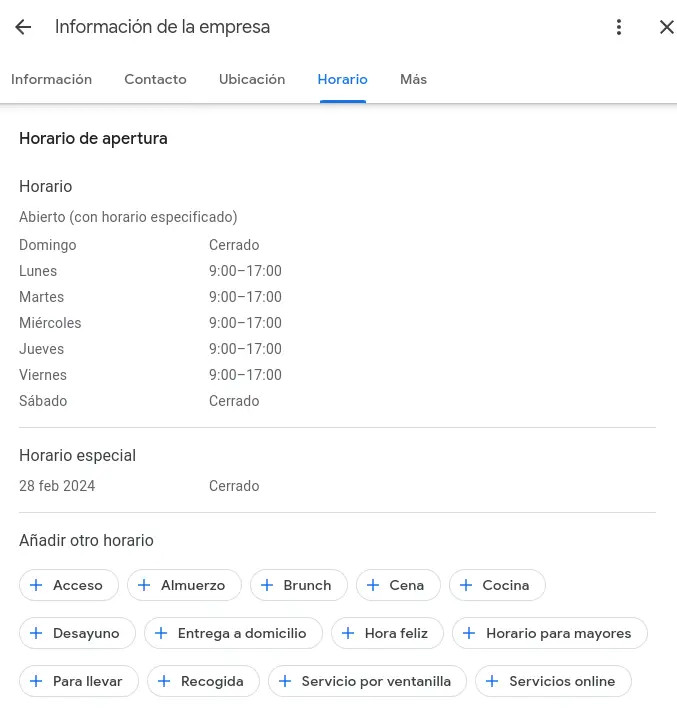 Horarios en Google Business Profile